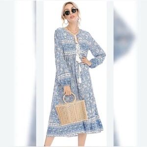 R. Vivimos Boho Midi Dress blue floral, long sleeves & tassel ties sz small